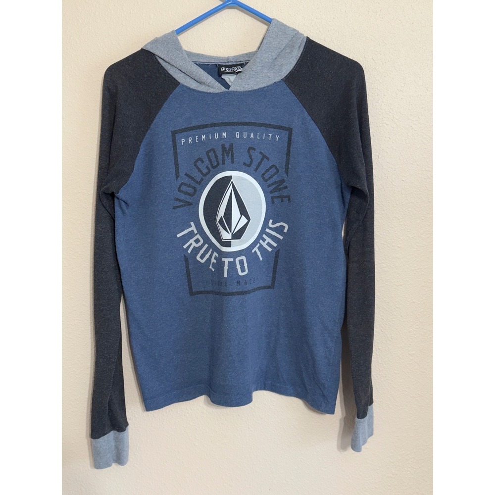 Volcom Stone True To This Hoodie Youth XL Blue Gray Raglan Long Sleeve Shirt